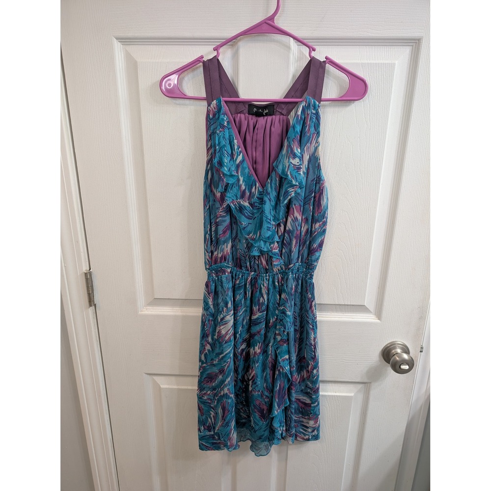 Charlie Jade Silk‎ Mini Dress Womens Teal Purple Abstract Ruffle Boho - Size S